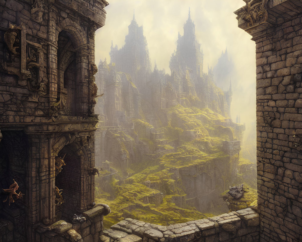 Moss-covered stone ruins above misty valley with spires