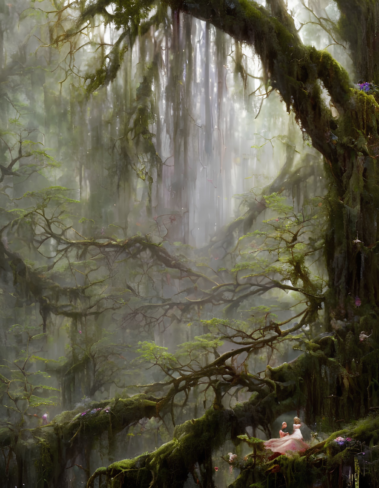 Mystical forest scene with sunbeams, moss-covered trees, and a white bird.