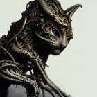 Detailed Illustration: Mechanical Cat with Intricate Metal Components and Striking Blue Eyes