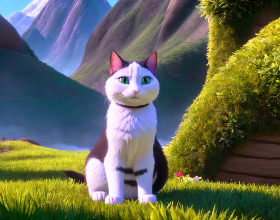 Gray and White Cat Animation on Grass with Hedge and Mountains