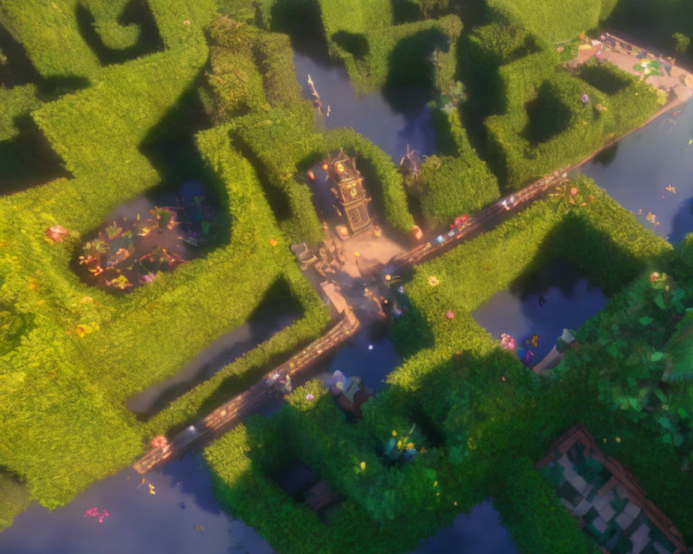 Lush Green Hedge Maze with Pathways and Explorers