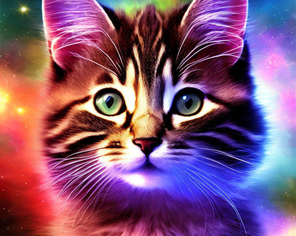 Colorful Digital Artwork: Cat with Green Eyes in Cosmic Setting