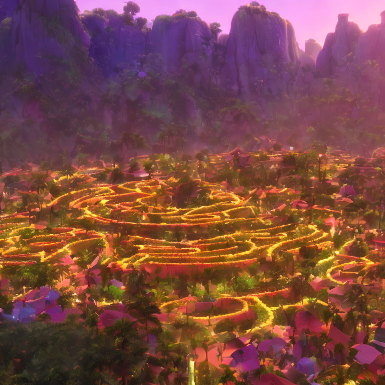 Spiraling village in purple landscape at sunset or sunrise