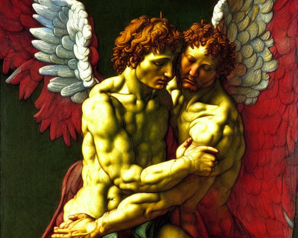 Intimate embrace of two muscular angels with red wings
