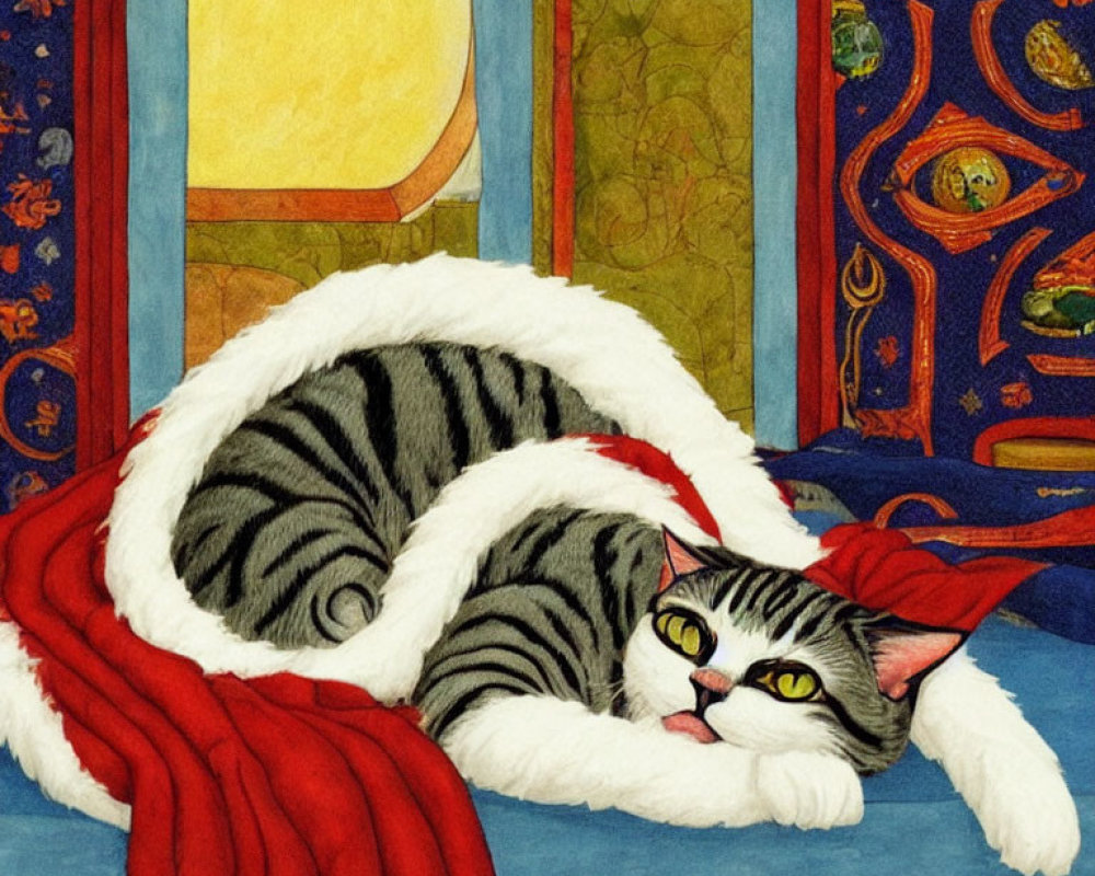 Striped cat in Santa hat on red blanket in medieval-style room