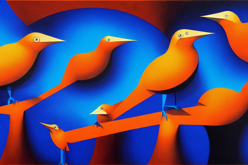 Colorful painting of orange birds on branches against blue background