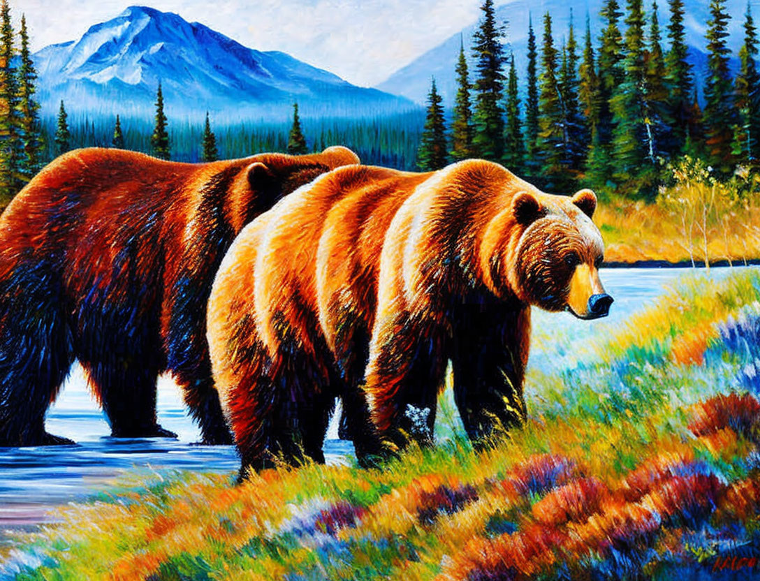 Brown bears near river with mountain - Vibrant painting