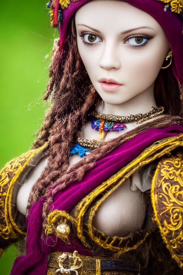 Detailed Doll with Maroon Headscarf and Medieval Costume on Green Backdrop