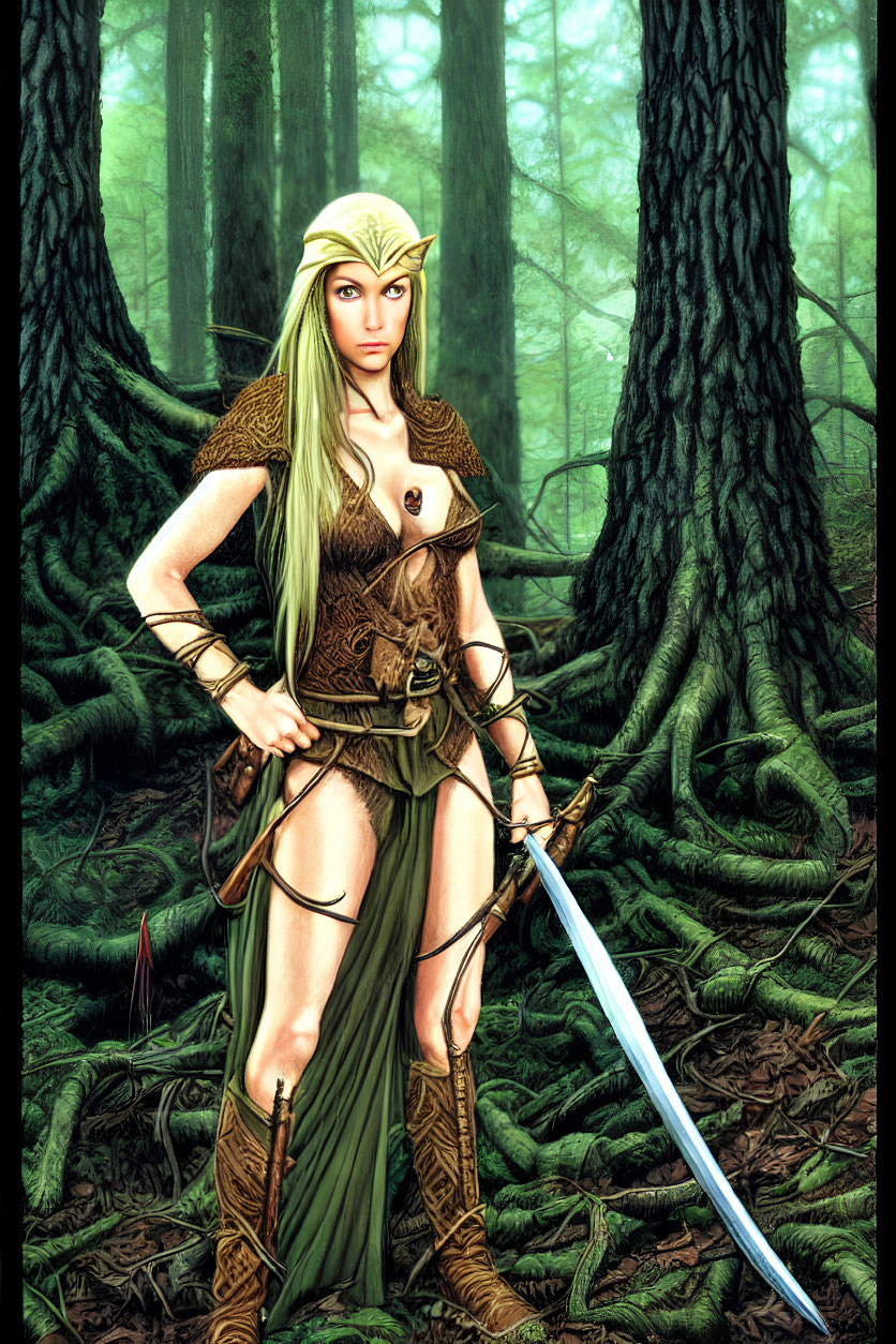 Blonde-haired fantasy elf in brown and green armor wields sword in forest