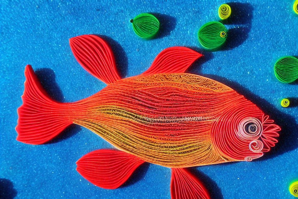 Colorful Paper Quilling Art: Red and Yellow Fish on Blue Background