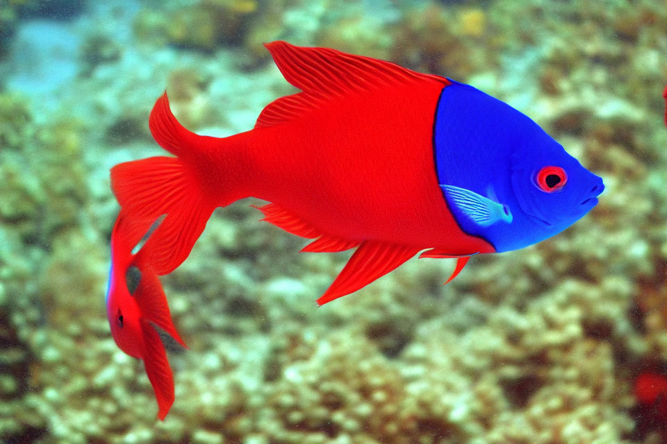 Colorful Fish Swimming Above Coral Reef with Red and Blue Hues