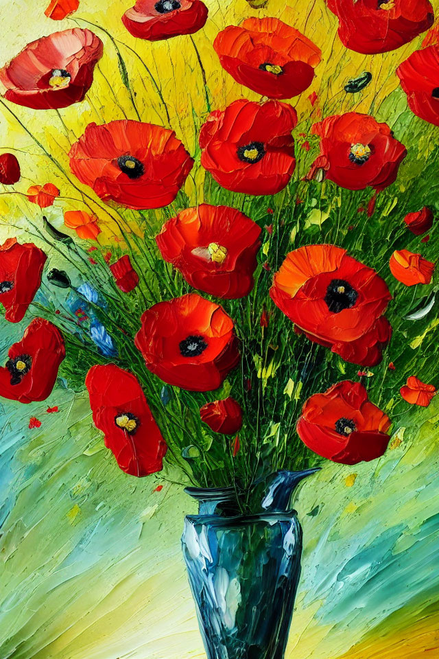 Colorful oil painting featuring red poppies in blue vase with textured brushstrokes on yellow backdrop