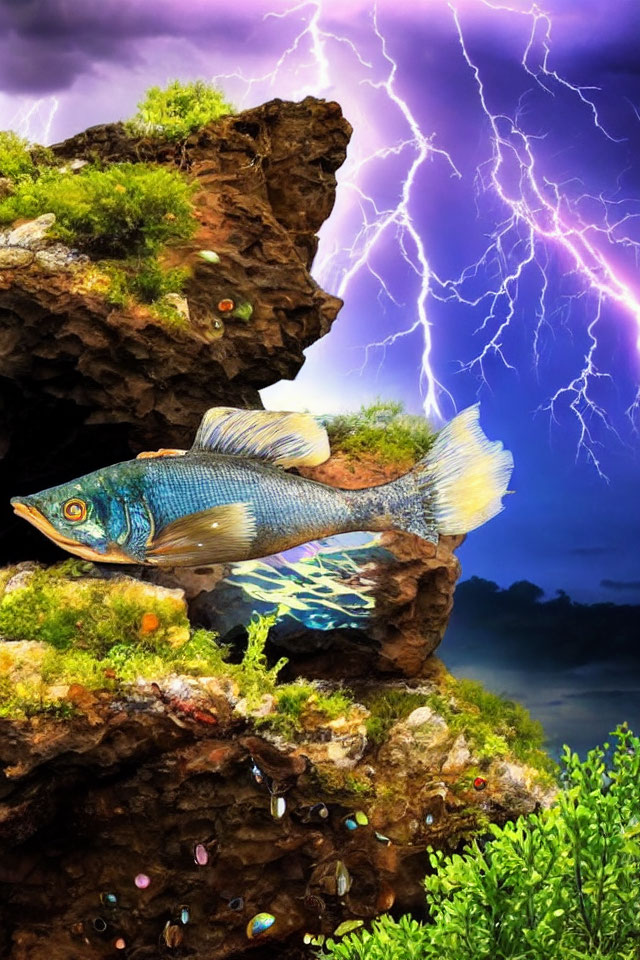 Surreal fish with patterned fins merges with rocky outcrop under stormy skies