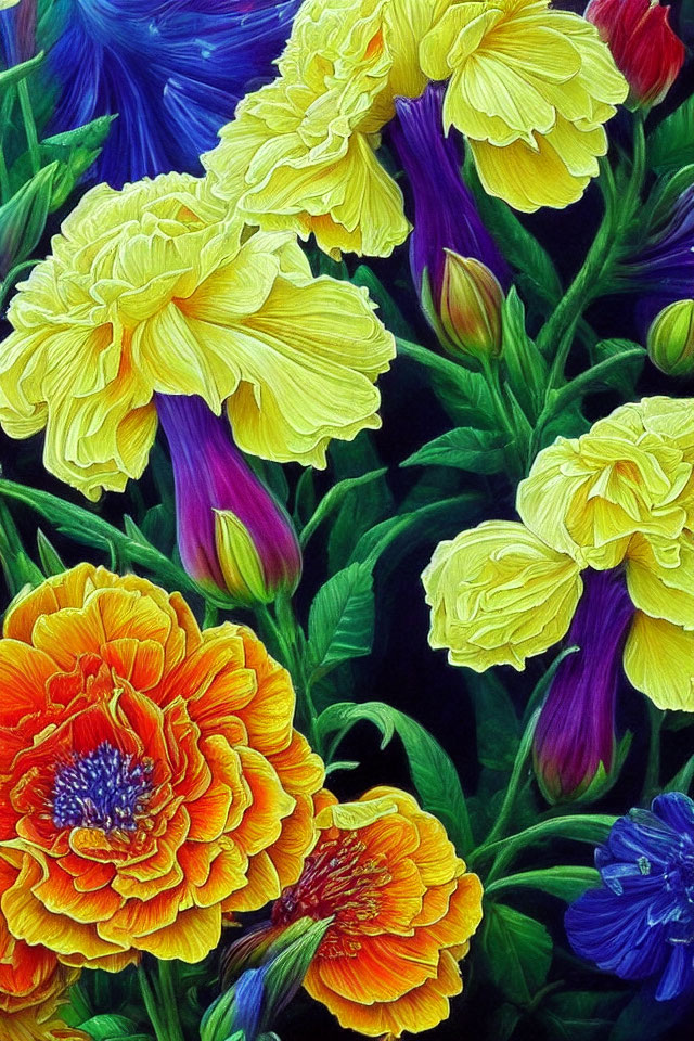 Colorful Floral Arrangement with Yellow, Orange, and Blue Flowers
