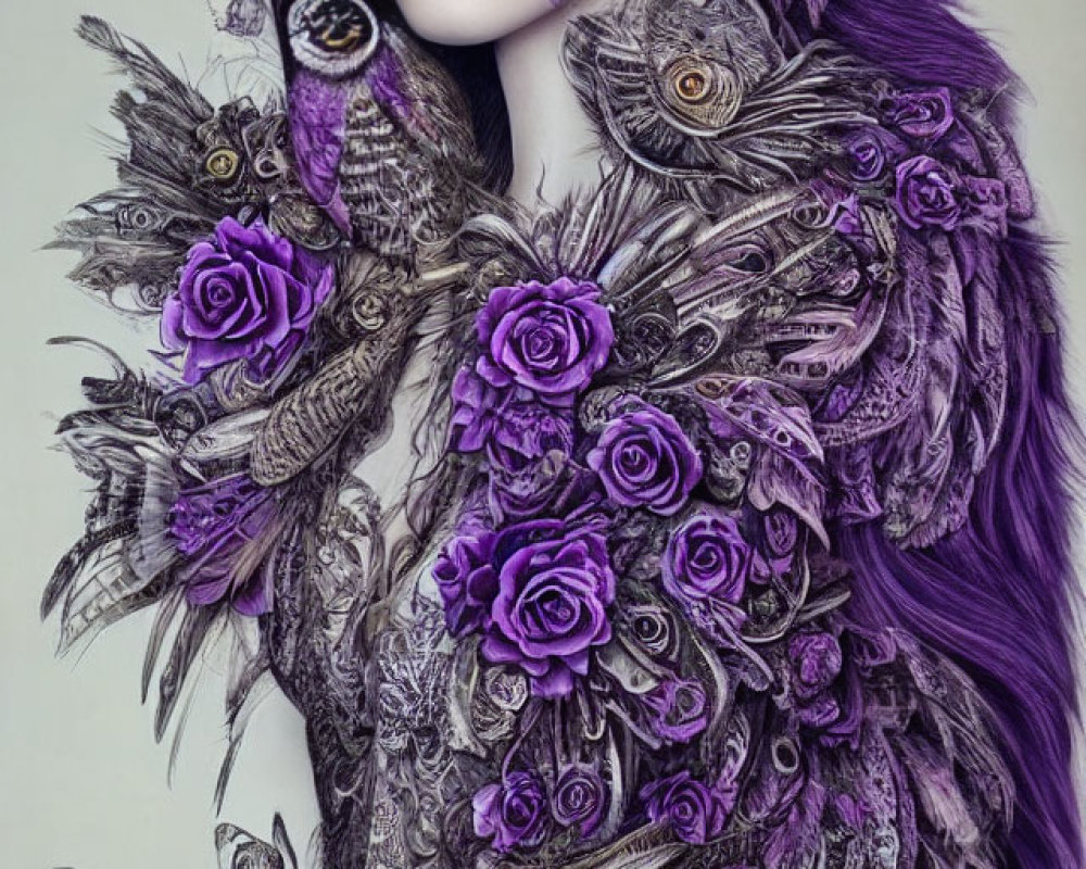 Elaborate Purple Feathered Attire with Roses and Detailed Headdress