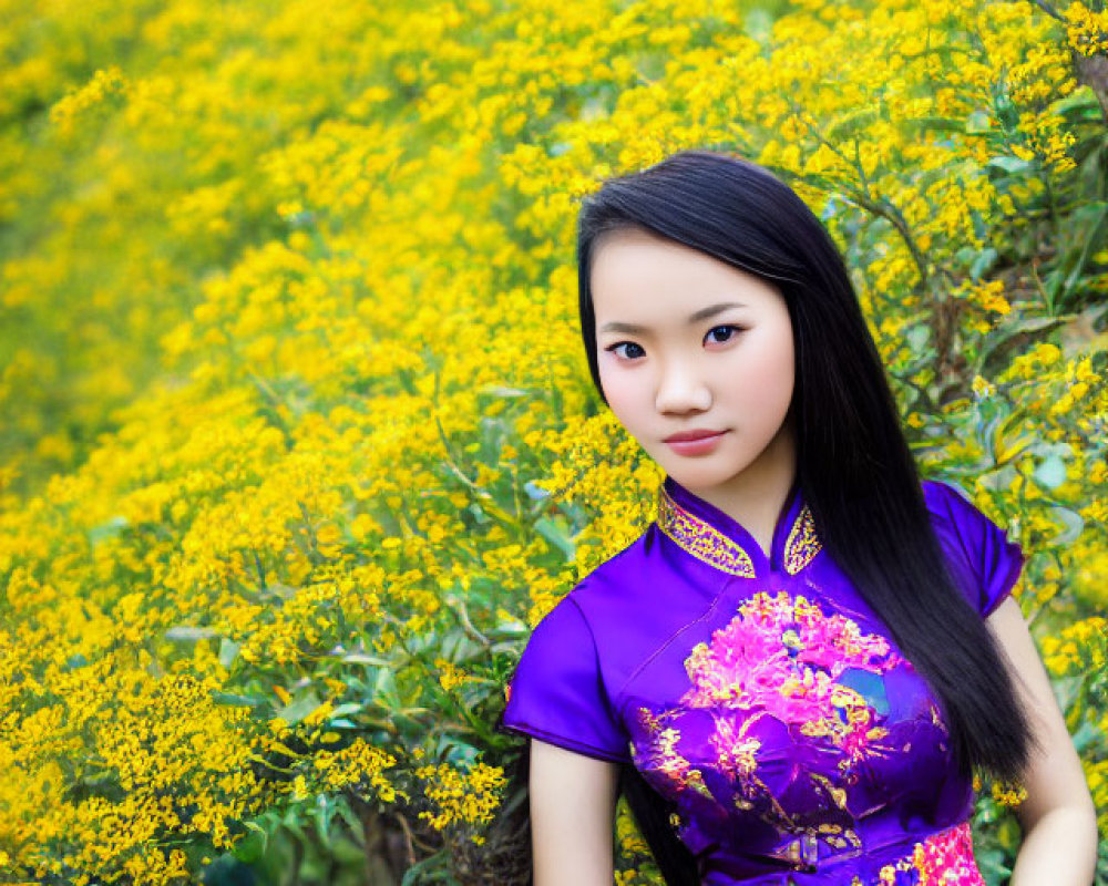 Woman in Traditional Purple Dress Standing in Vibrant Yellow Flower Field