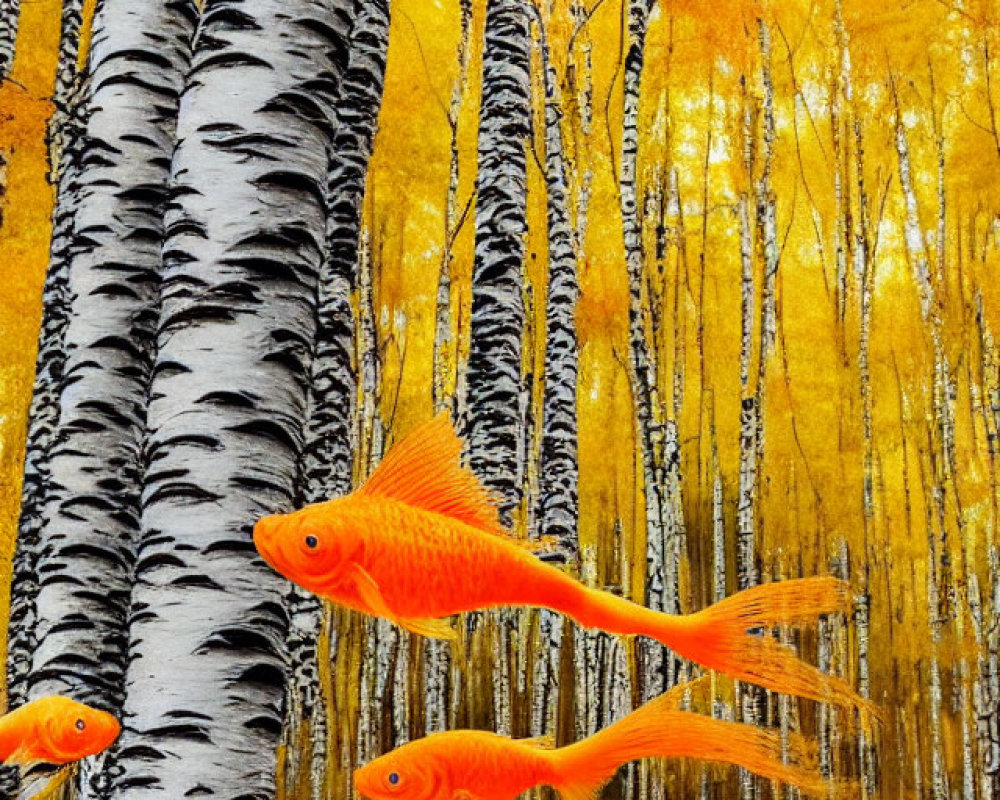 Vibrant orange goldfish swimming among white birch trees with yellow autumn leaves