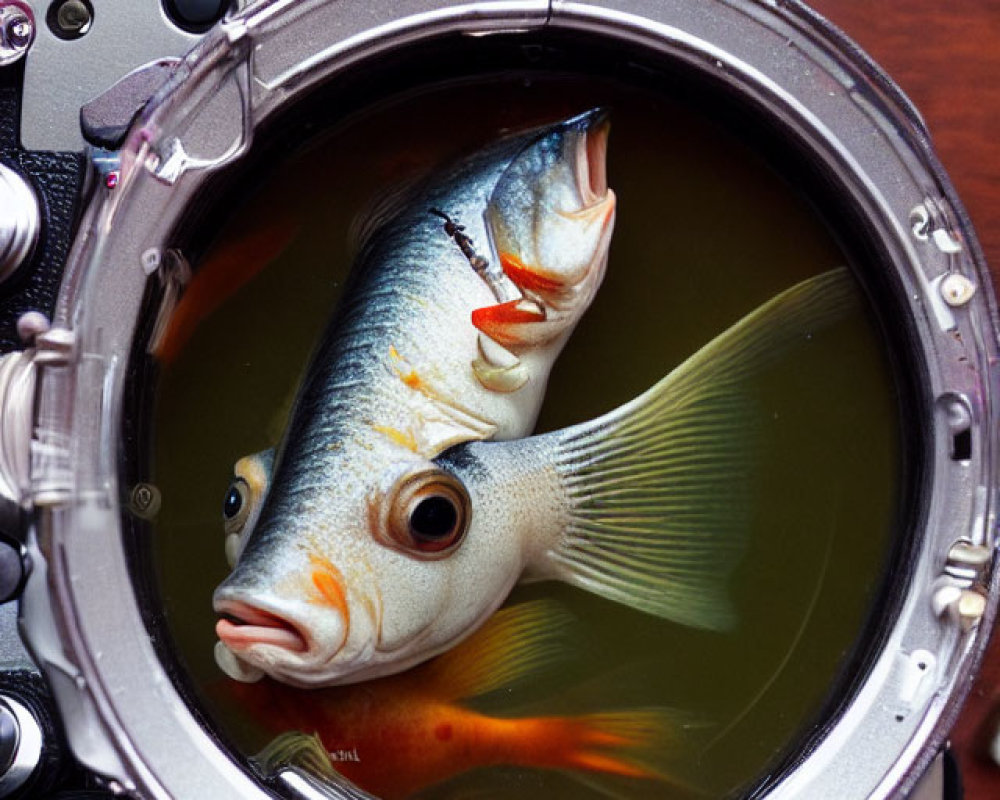 Fish inside camera lens creates underwater illusion.
