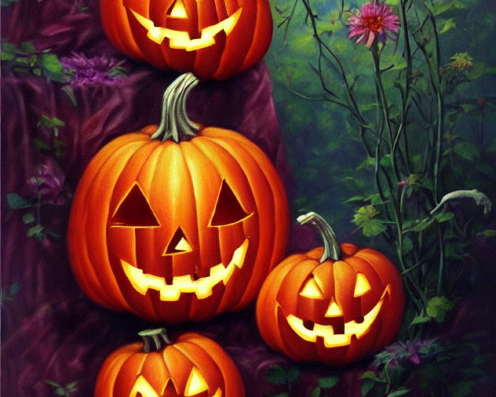 Stacked Jack-o'-lanterns in Forest Setting with Purple Drapery and Pink Flowers