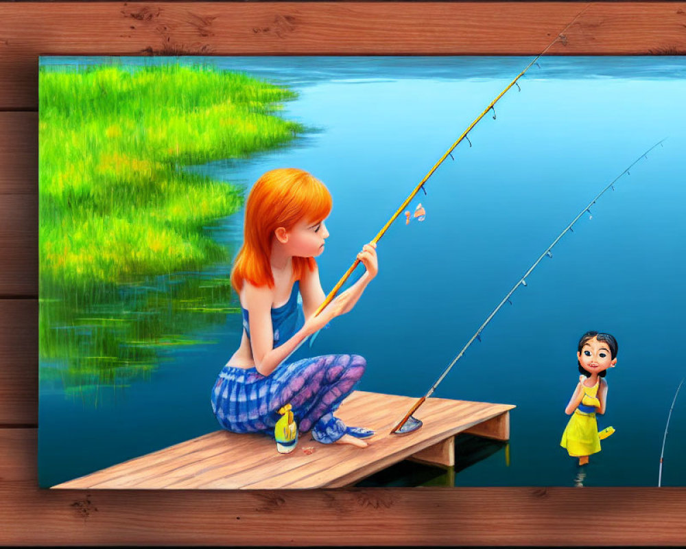 Colorful artwork of red-haired girl fishing on dock with animated girl in yellow dress.