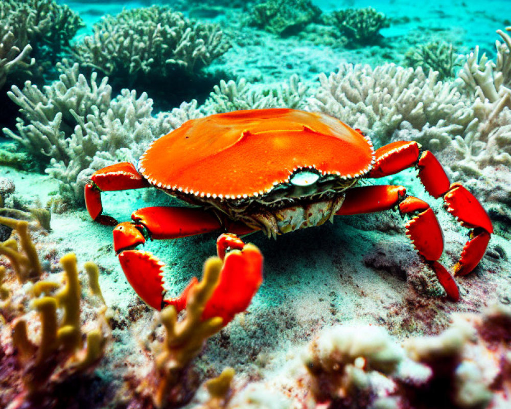 Colorful Orange Crab with Red and White-Tipped Claws in Coral Reef