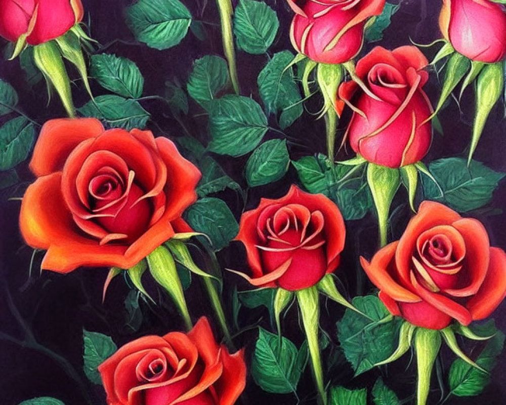 Bright Red and Pink Roses on Dark Background with Lush Green Leaves