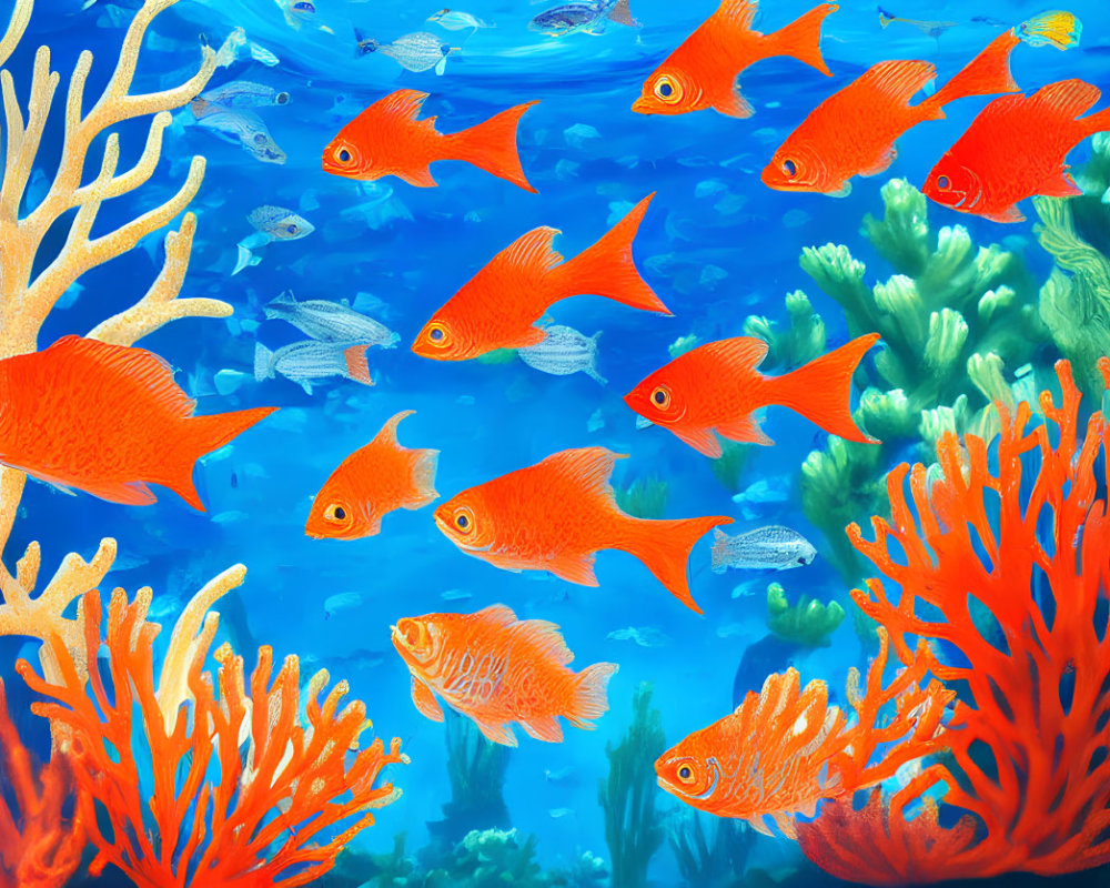 Colorful Coral Reefs with Bright Orange Fish in Blue Ocean
