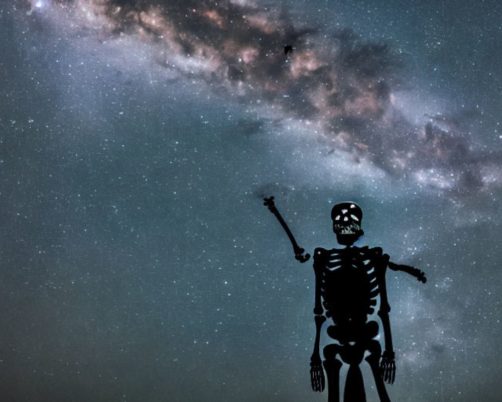 Skeleton under starry night sky with Milky Way - surreal and spooky atmosphere