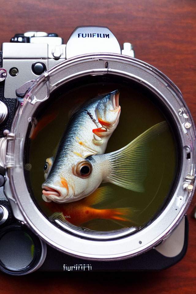 Fish inside camera lens creates underwater illusion.