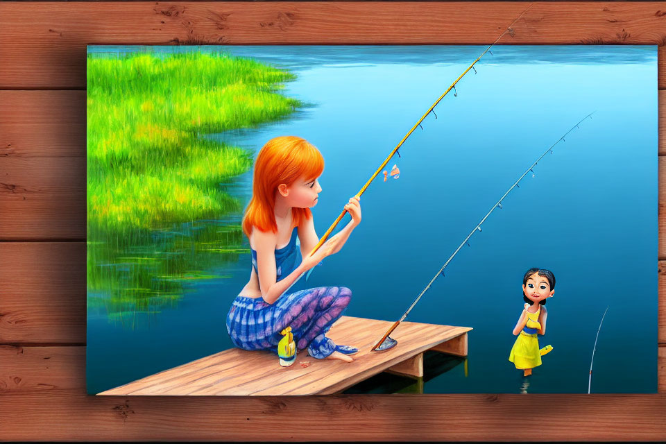 Colorful artwork of red-haired girl fishing on dock with animated girl in yellow dress.