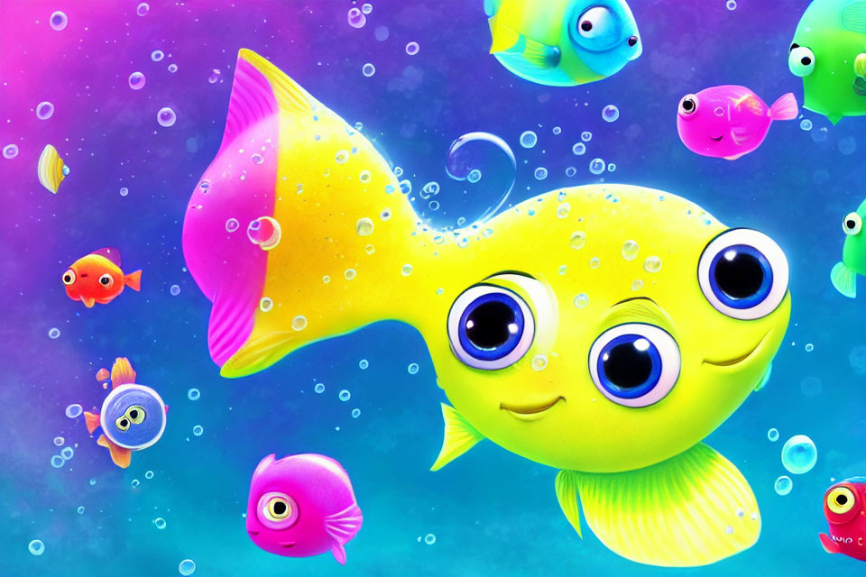 Colorful Cartoon Fish in Vibrant Underwater Scene