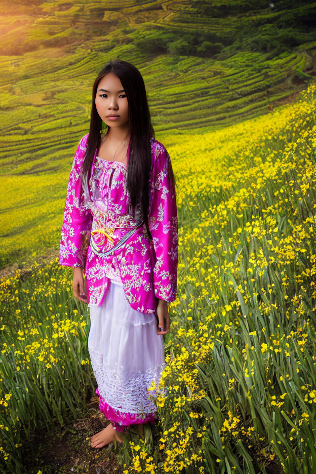 Woman in pink and white outfit in yellow flower field with green hills