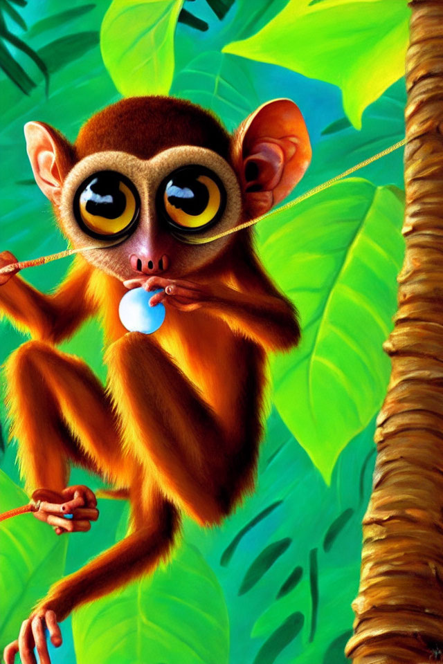 Colorful Cartoon Monkey Chewing Bubble Gum in Jungle