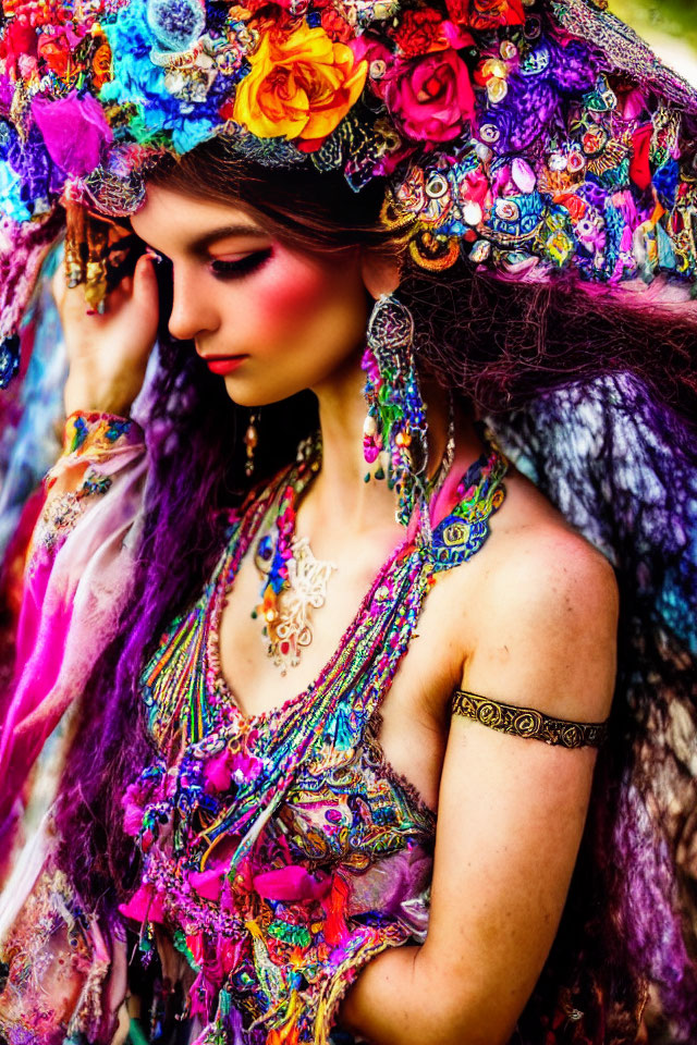 Colorful Woman in Embroidered Shawl with Intricate Makeup