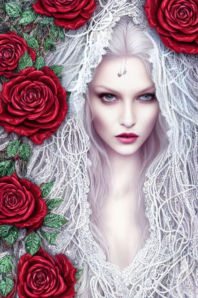 Portrait of woman with pale skin, red lips, white hair, surrounded by roses and lace