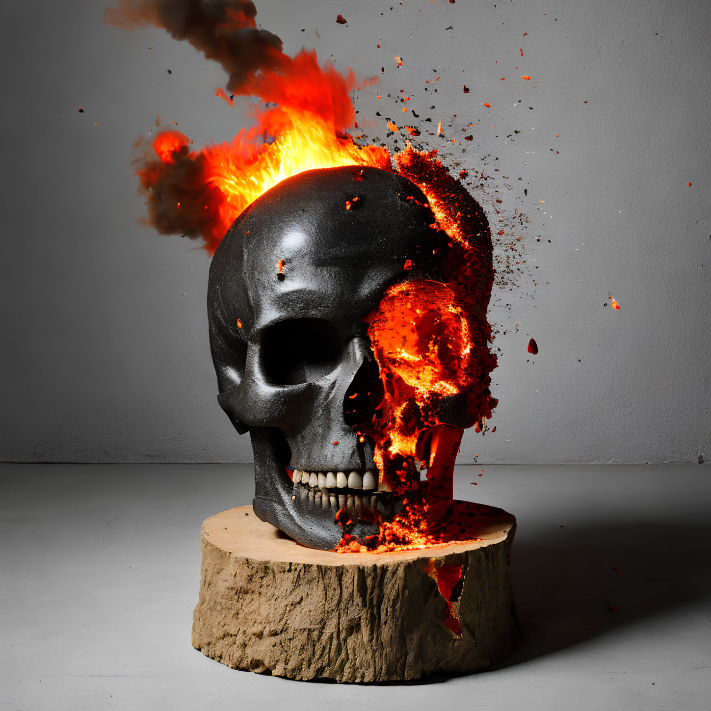 Metallic skull half-engulfed in flames on wood stump, exploding molten material against gray backdrop