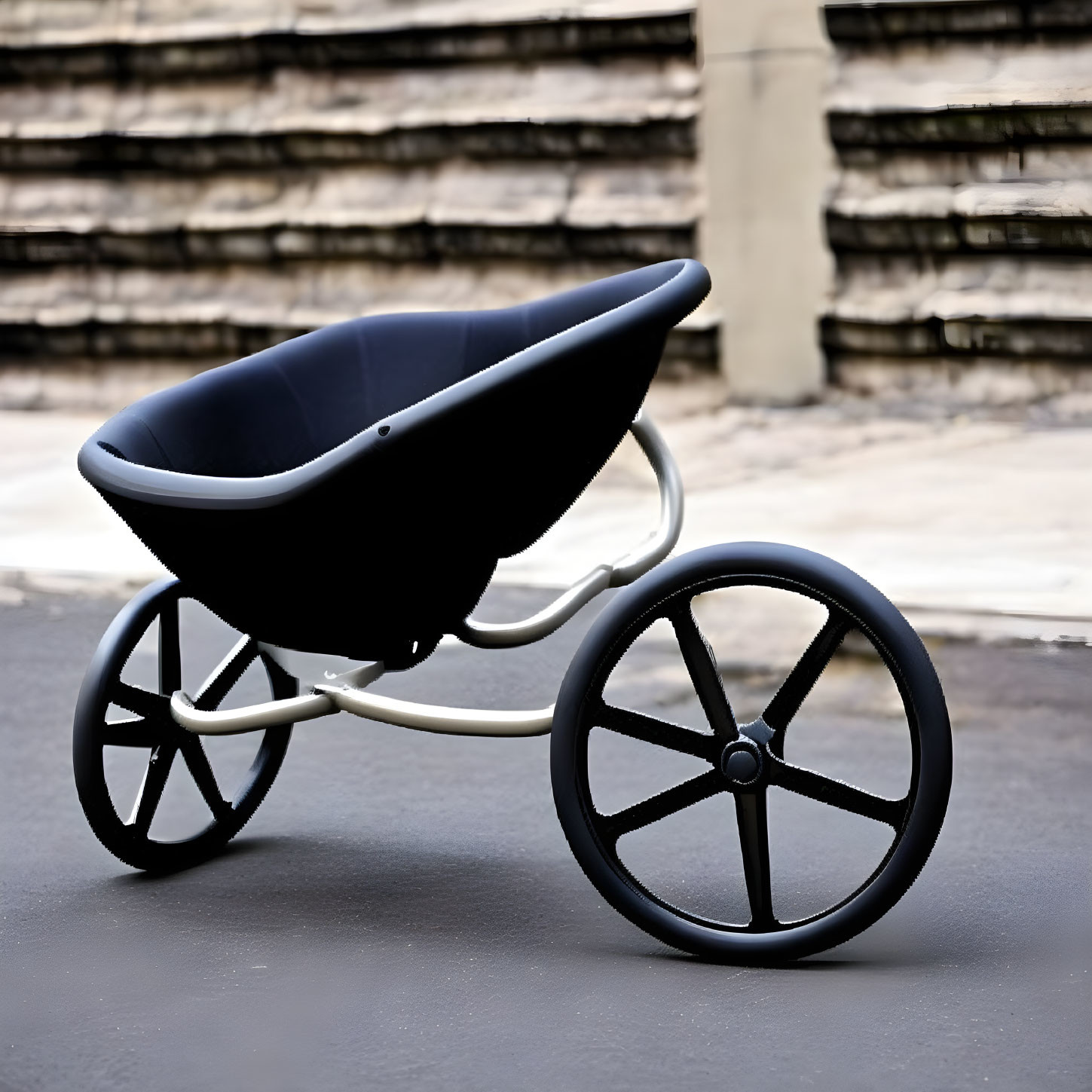 Navy Blue Baby Stroller with Large Black Wheels on Concrete Surface