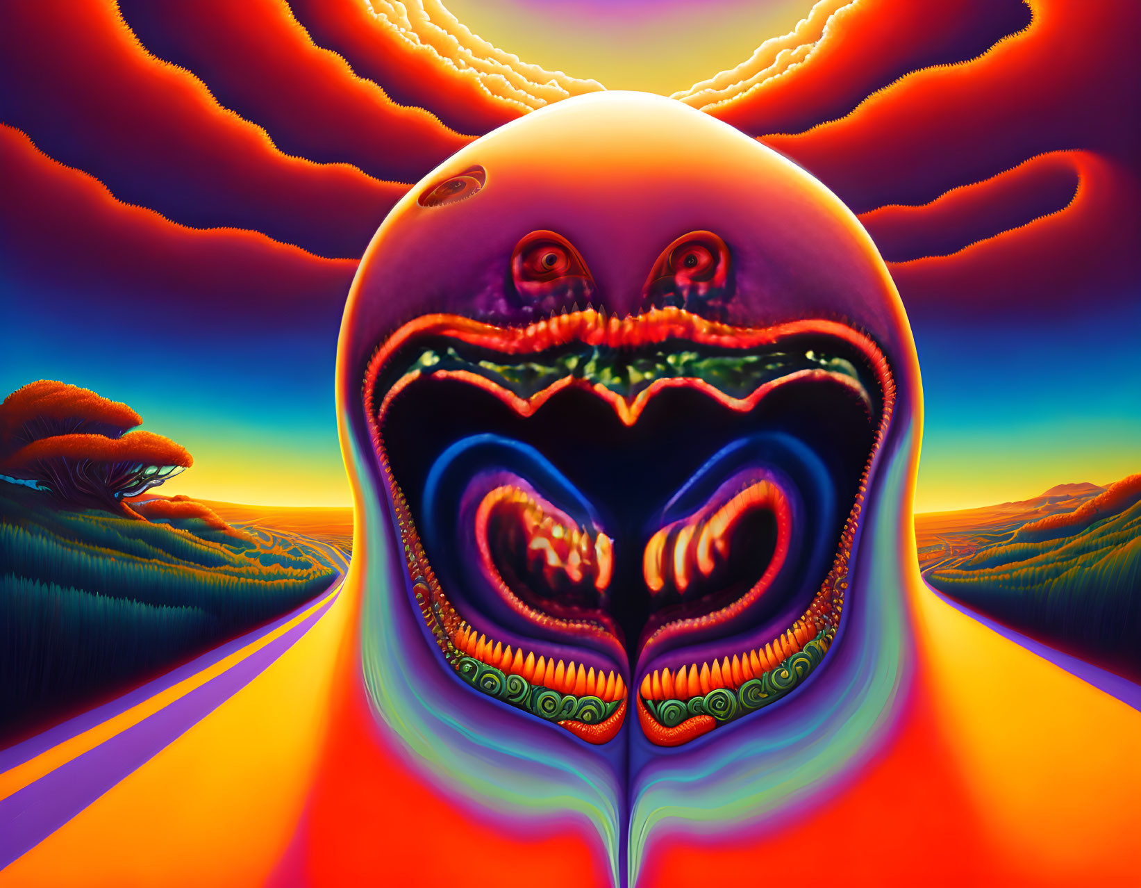 Colorful Psychedelic Landscape with Surreal Face and Road Under Orange Sky