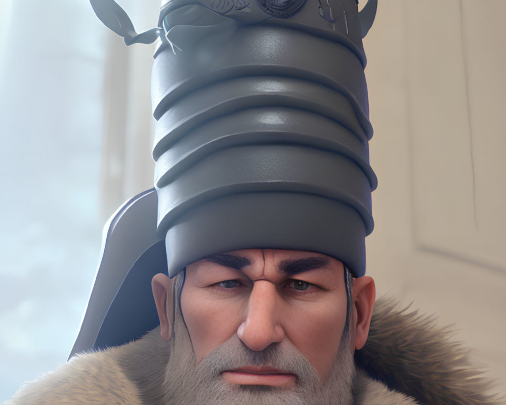 Gray-bearded man in fur collar with insect-like helmet.