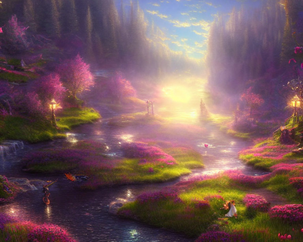 Mystical landscape with stream, purple flora, glowing light, misty trees