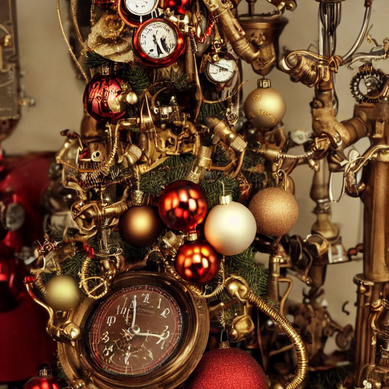 Steampunk-themed Christmas tree with gears, clocks, metallic gold, and red ornaments