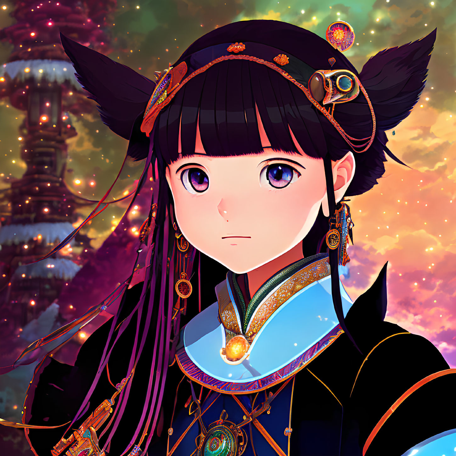 Girl with Large Eyes and Dark Hair in Gold Ornaments Against Cosmic Background