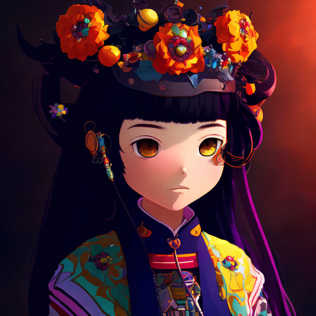 Girl with Large Golden Eyes and Floral Headdress on Dark Background