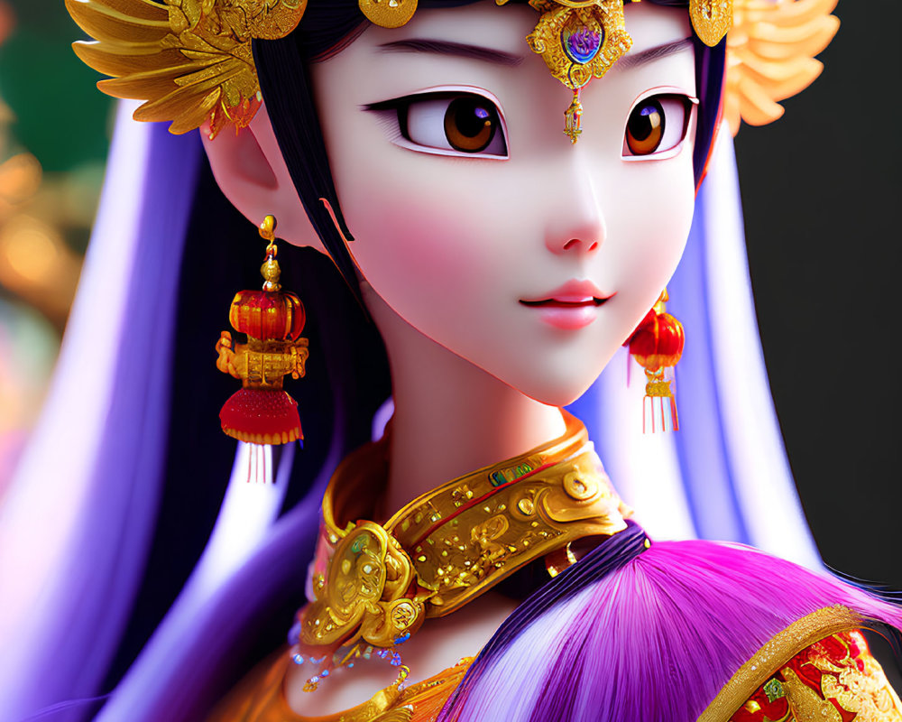 Detailed 3D illustration of female character with purple hair and golden crown in traditional attire