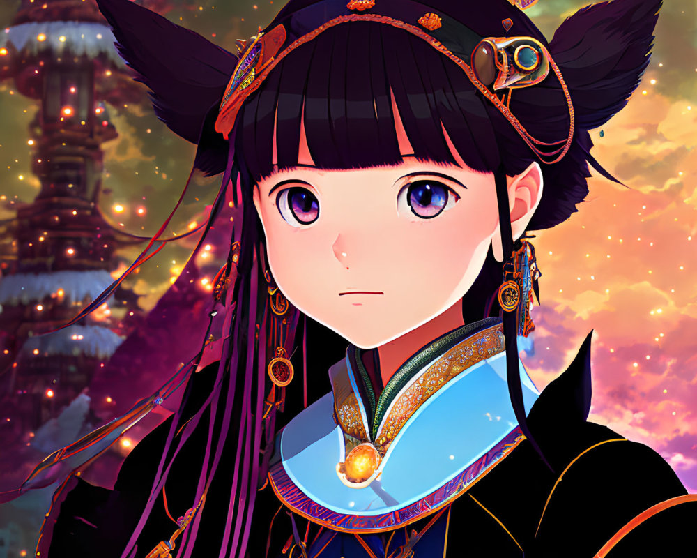 Girl with Large Eyes and Dark Hair in Gold Ornaments Against Cosmic Background