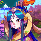 Girl with Blue Hair in Traditional Red and Gold Attire Among Cherry Blossoms