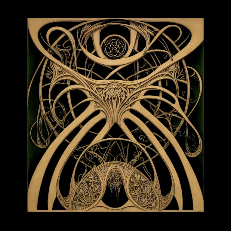Symmetrical swirling Celtic knotwork art with tree figure on dark background