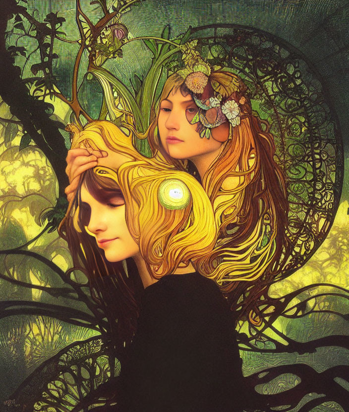Two women with flowing hair and floral accents in detailed natural setting
