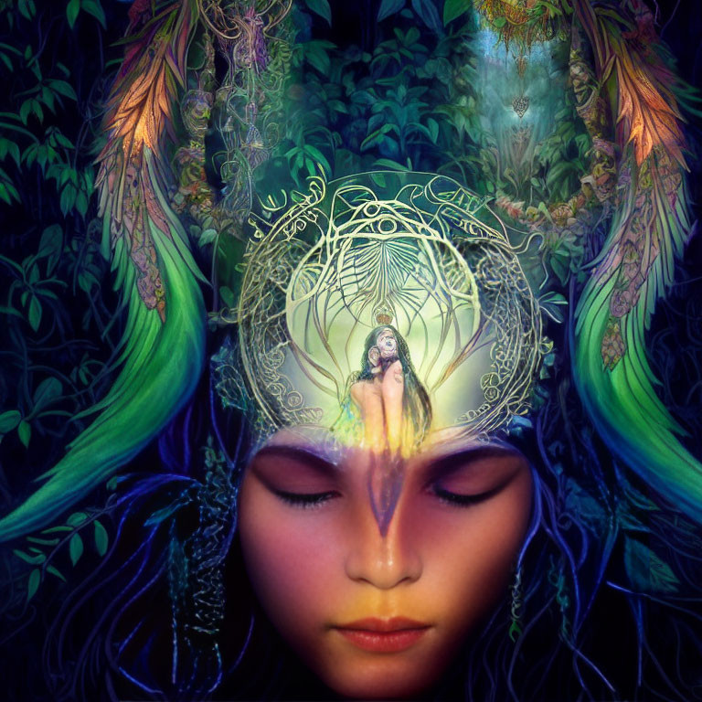 Vibrant mystical digital artwork of a person with closed eyes in fantastical forest setting