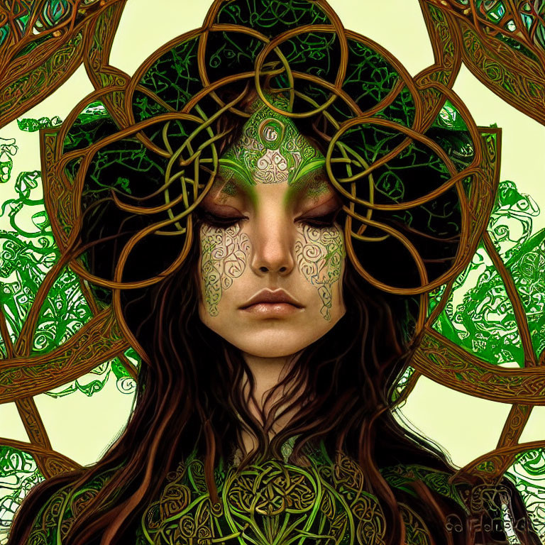 Intricate Celtic Knot Patterns on Woman in Digital Art